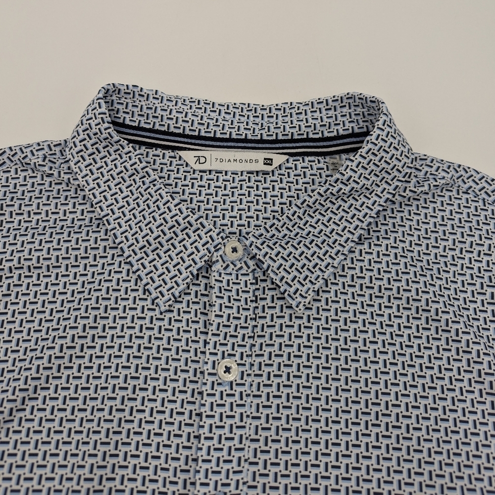 7 Diamonds Blue Geometric Print Performance Polo Shirt Short Sleeve Stretch XXL